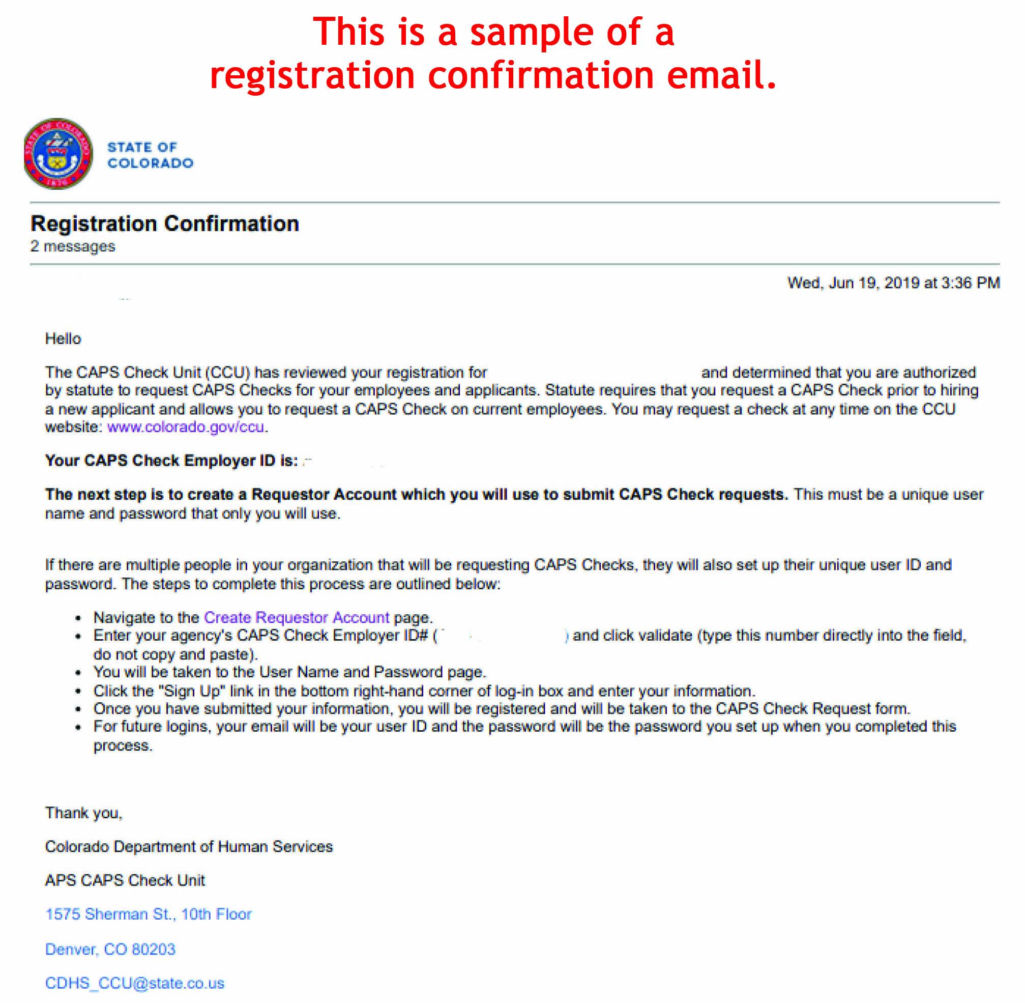 Sample email showing CCU registration confirmation